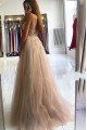 Chic Champagne Spaghetti Strap Side Slit A-line Evening Dresses With Appliques