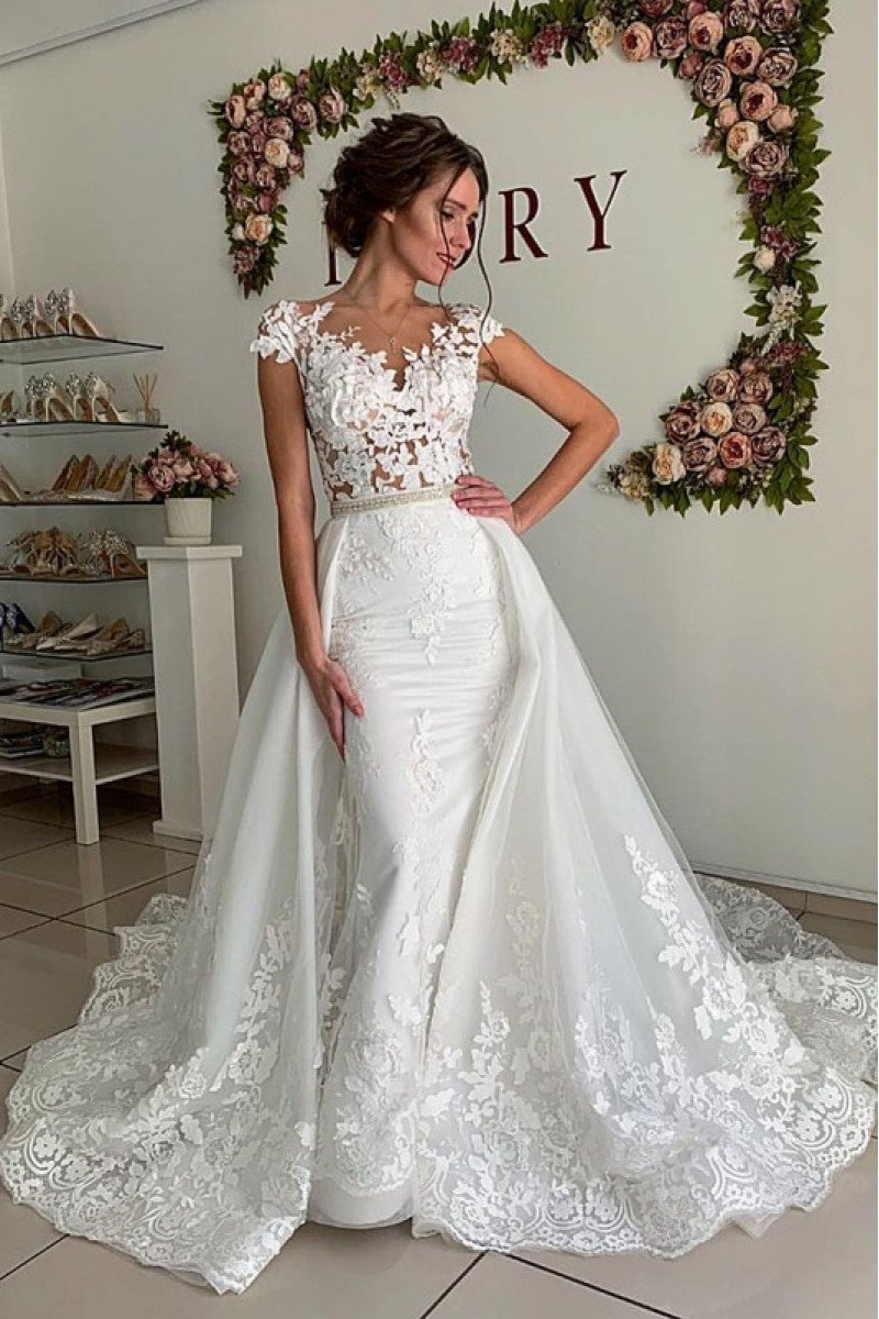 Special V-neck Slim Fit Sheath Appliques Wedding Dresses With Panel Train