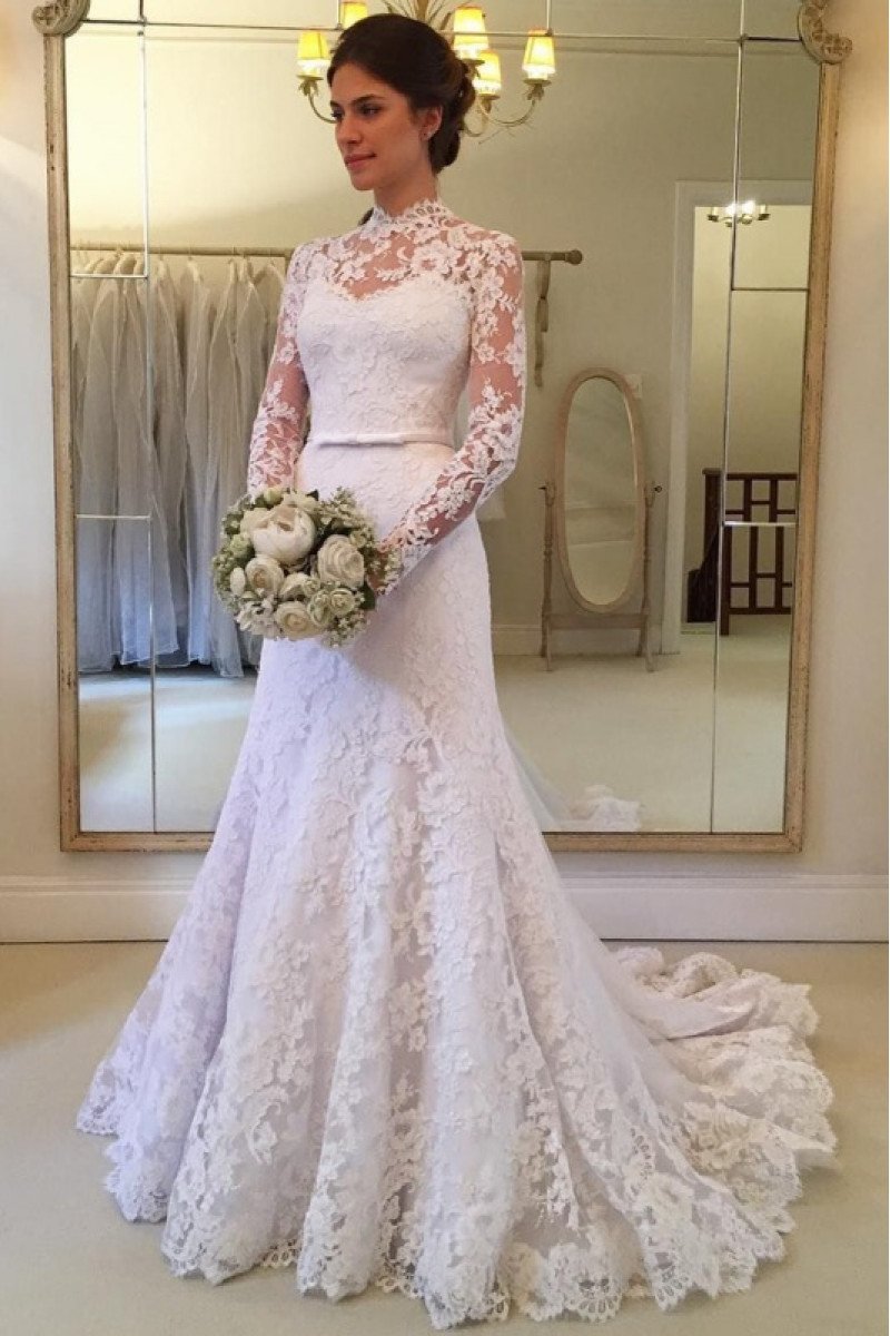 Beautiful High Neck Long Sleeves A-line Lace Wedding Dresses With Court Train