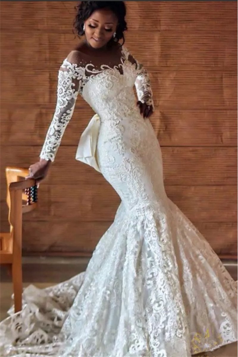 Honorable Off Shoulder Long Sleeves Lace Mermaid Wedding Dresses With Chapel Train