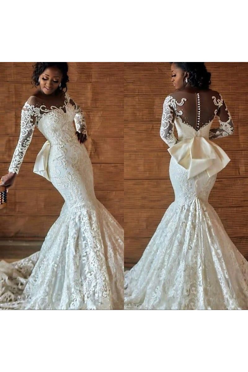 Honorable Off Shoulder Long Sleeves Lace Mermaid Wedding Dresses With Chapel Train