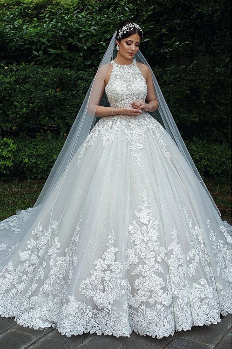 Elegant Jewel Open Back Chapel Train Ball Gown Wedding Dresses With Appliques