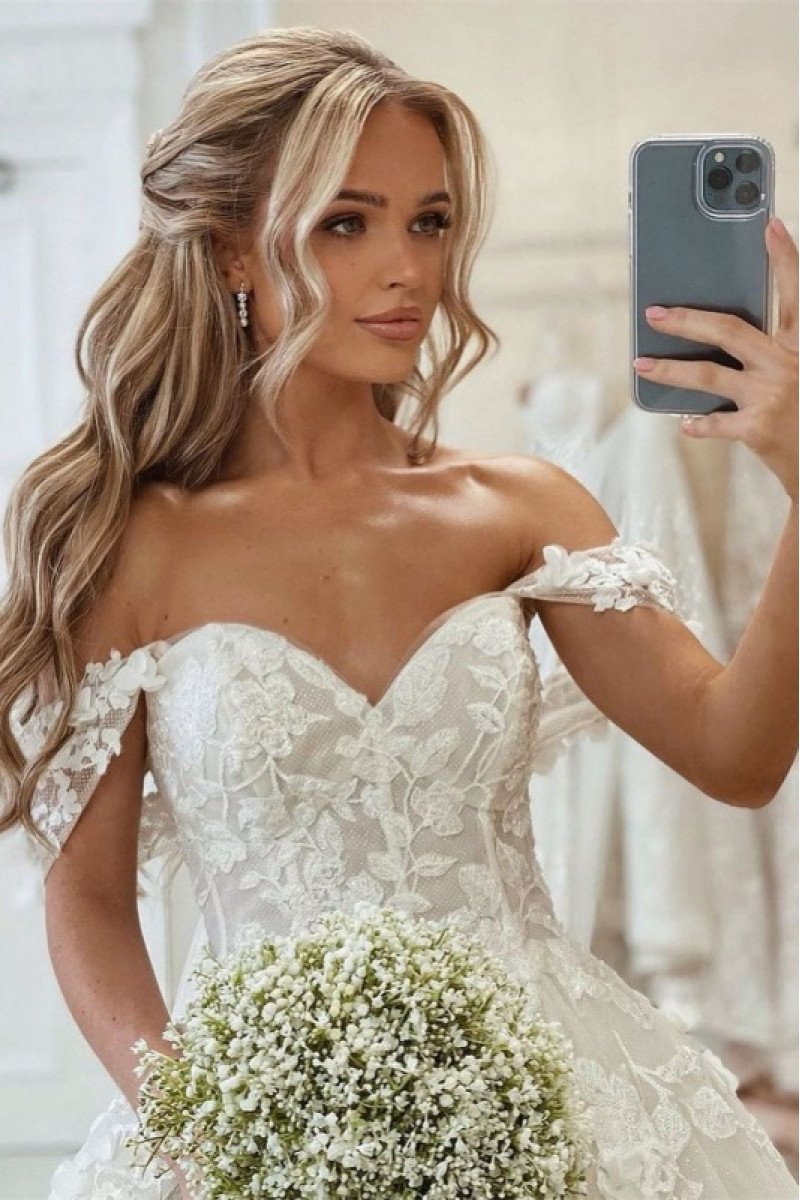 Beautiful Off Shoulder Royal Train Appliques Ball Gown Wedding Dresses