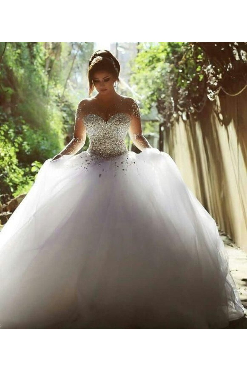 Gorgeous Jewel Long Sleeves Ball Gown Wedding Dresses With Crystal