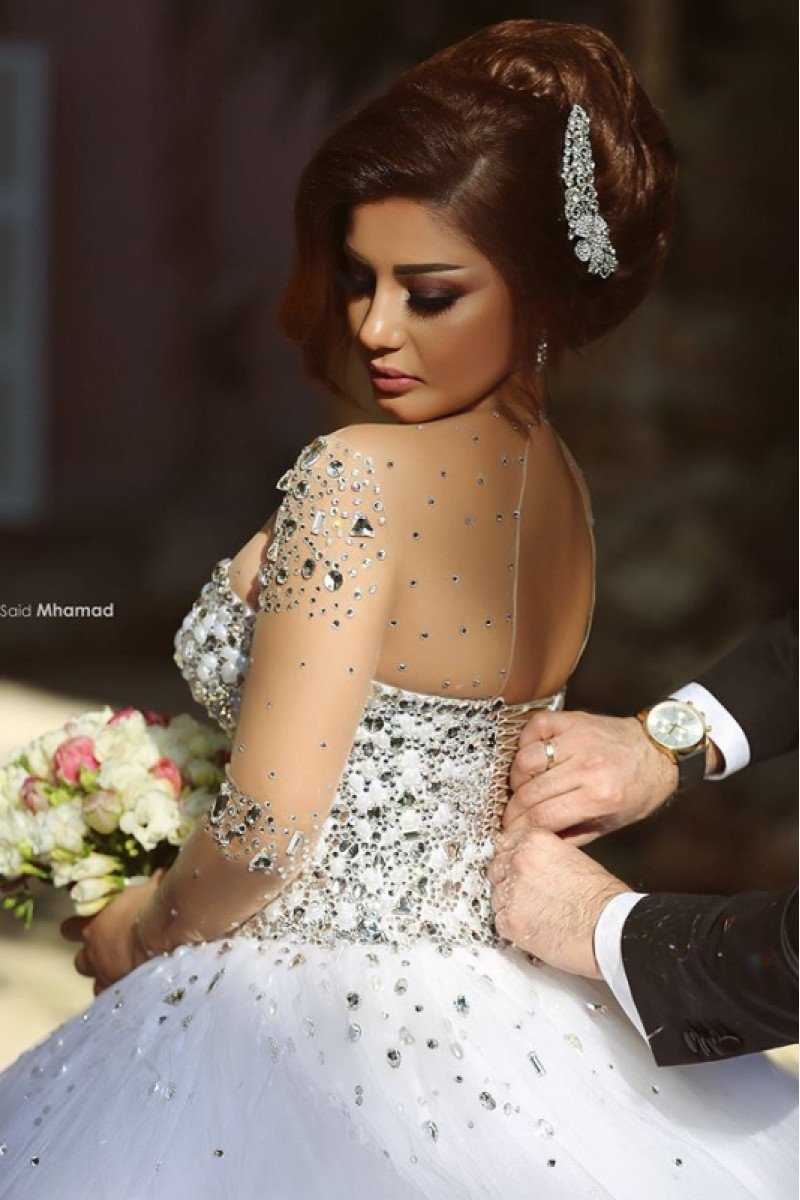 Gorgeous Jewel Long Sleeves Ball Gown Wedding Dresses With Crystal