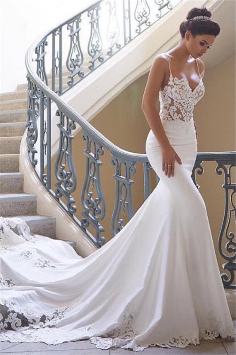 Gorgeous Sexy Spaghetti Straps Sheath Wedding Dresses With Appliques