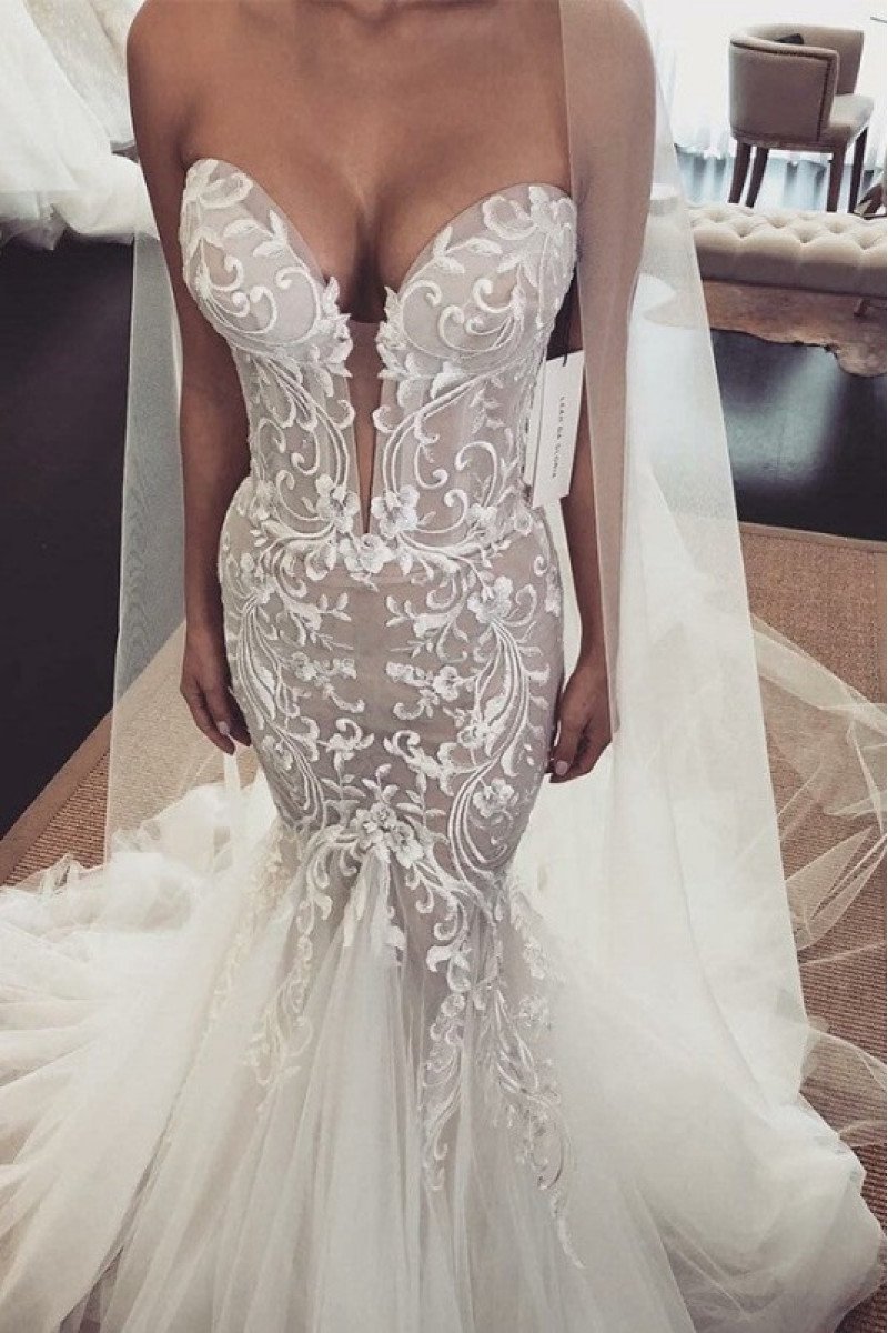 Sexy Sweetheart Appliques Mermaid Wedding Dresses With Puffy Layers