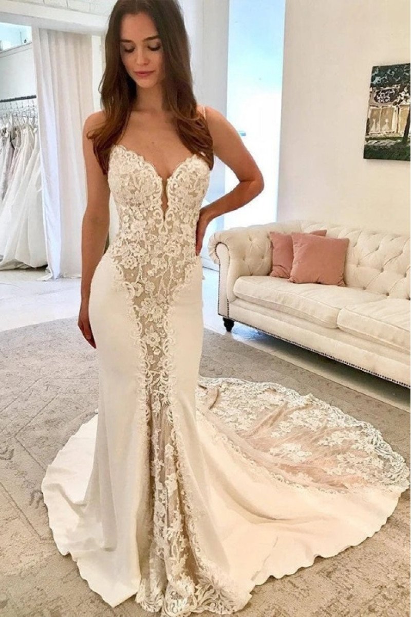 Beautiful Spaghetti Straps Sheath Chapel Train Wedding Dresses With Appliques