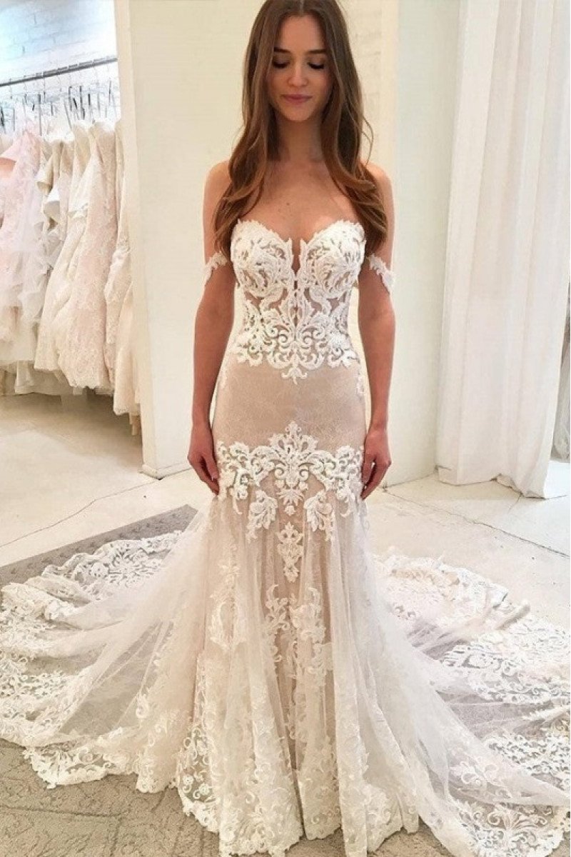 Sexy Off Shoulder Appliques Sheath Wedding Dresses With Chapel Train