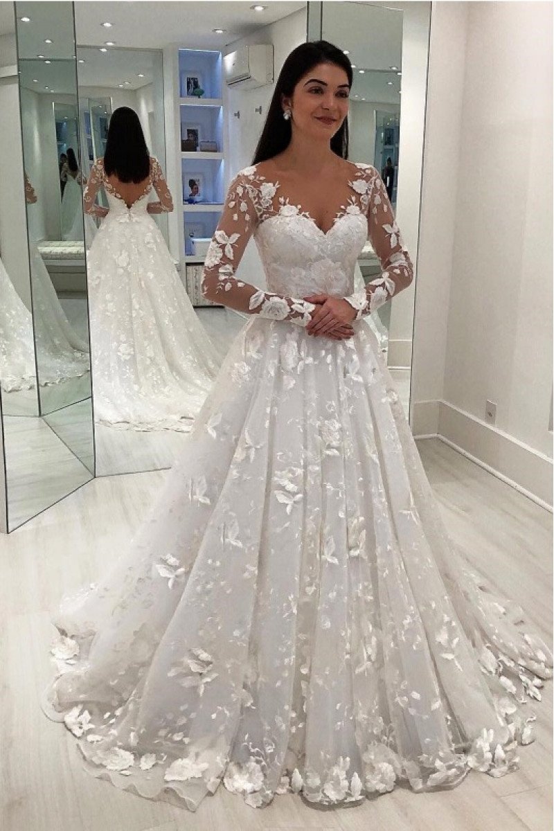 Fancy V-neck Long Sleeves Open Back  A-line Wedding Dresses With Appliques