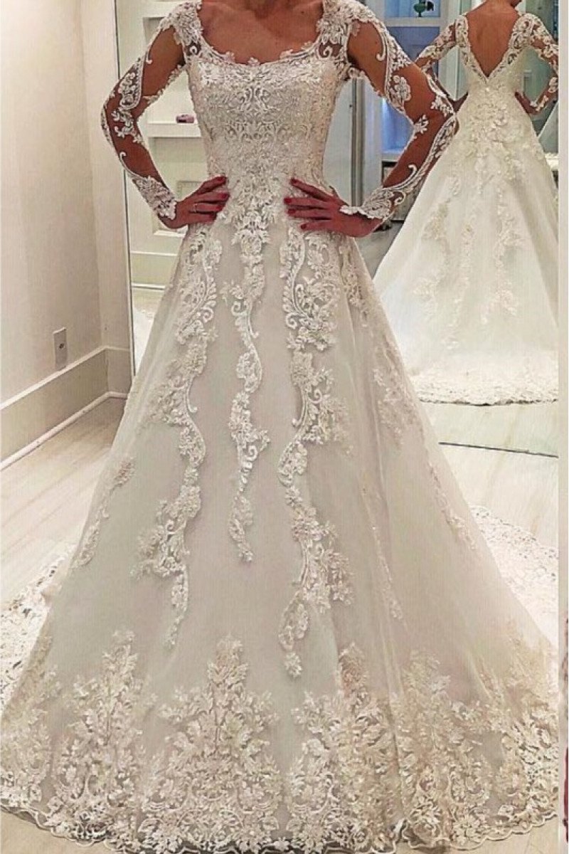 Beautiful Square Long Sleeves Open Back A-line Wedding Dresses With Appliques