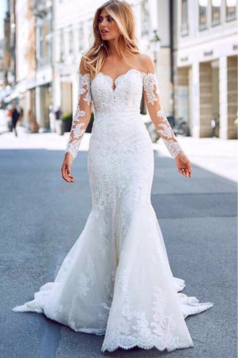 Modern Off Shoulder Long Sleeves Appliques Mermaid Wedding Dresses With Chapel Train