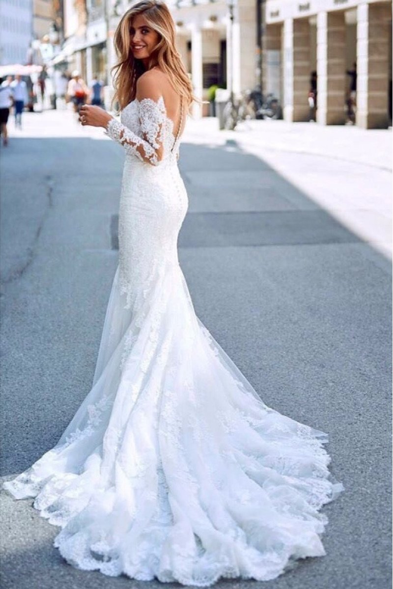 Modern Off Shoulder Long Sleeves Appliques Mermaid Wedding Dresses With Chapel Train