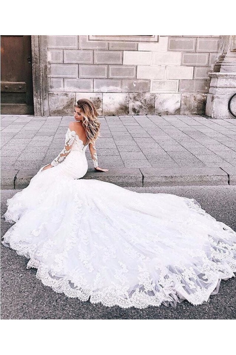 Modern Off Shoulder Long Sleeves Appliques Mermaid Wedding Dresses With Chapel Train