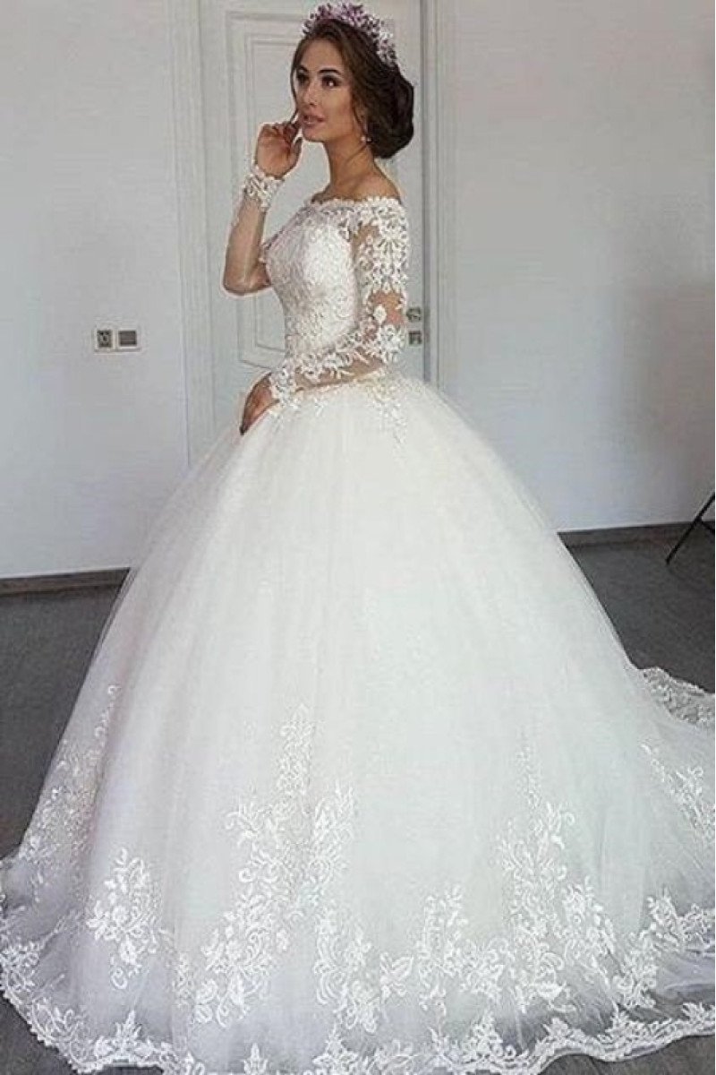 Gentle Off Shoulder Long Sleeves Appliques Ball Gown Wedding Dresses