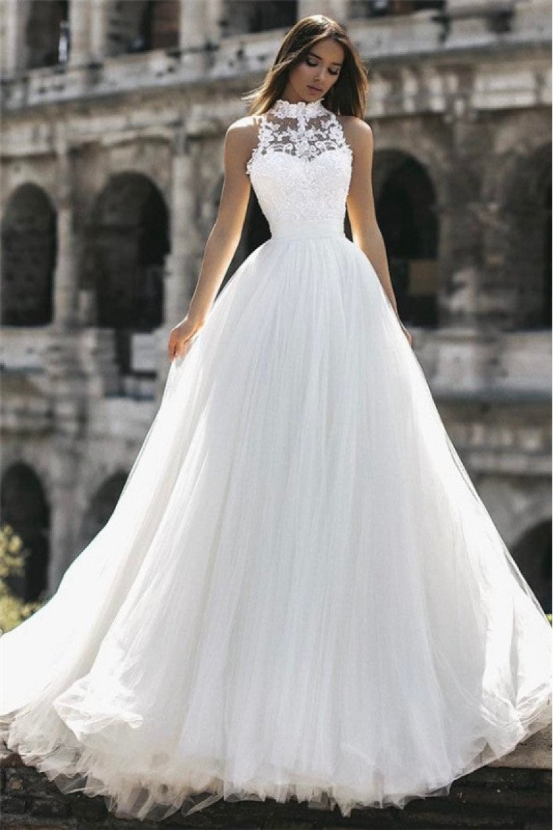 Chic High Neck Tulle Ball Gown Wedding Dresses With Appliques