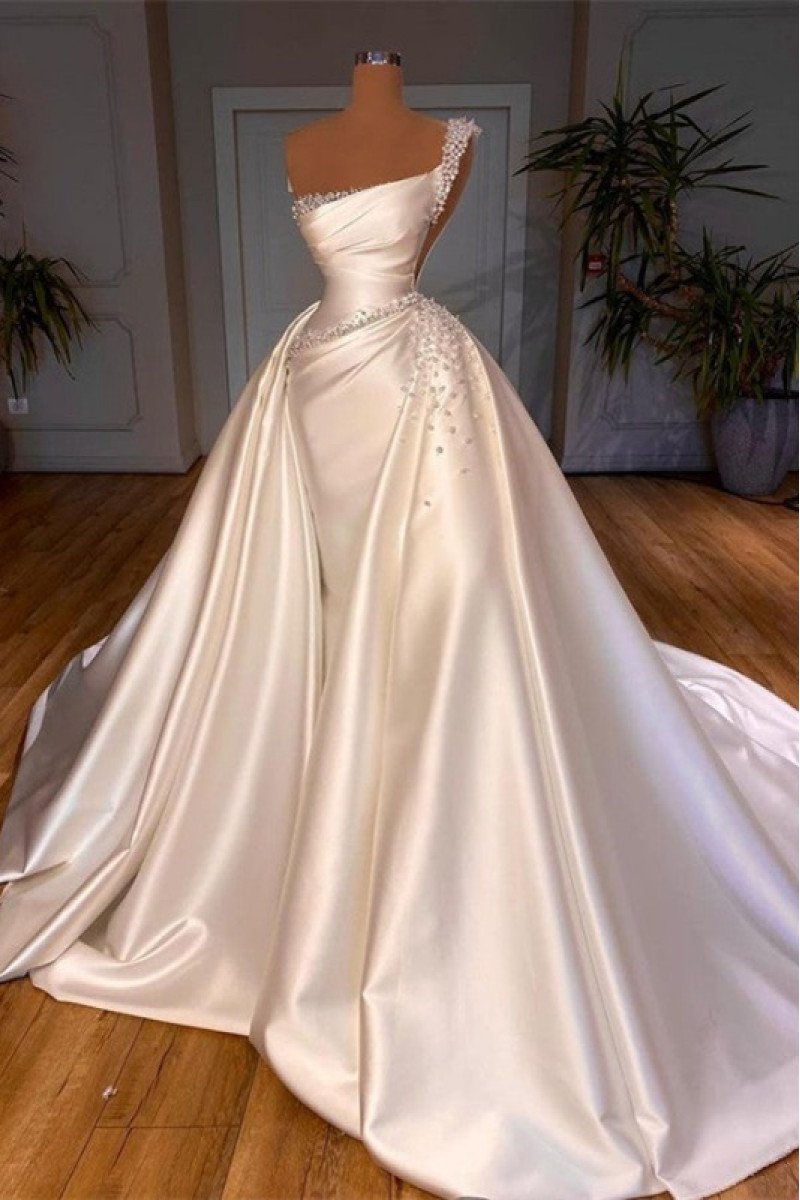 Special One Shoulder Beading Sheath Wedding Dresses With Panel Train