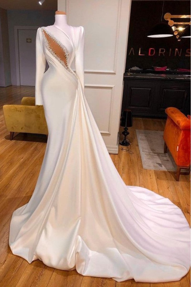 Sexy High Neck Long Sleeves Court Train Mermaid Wedding Dresses With Appliques