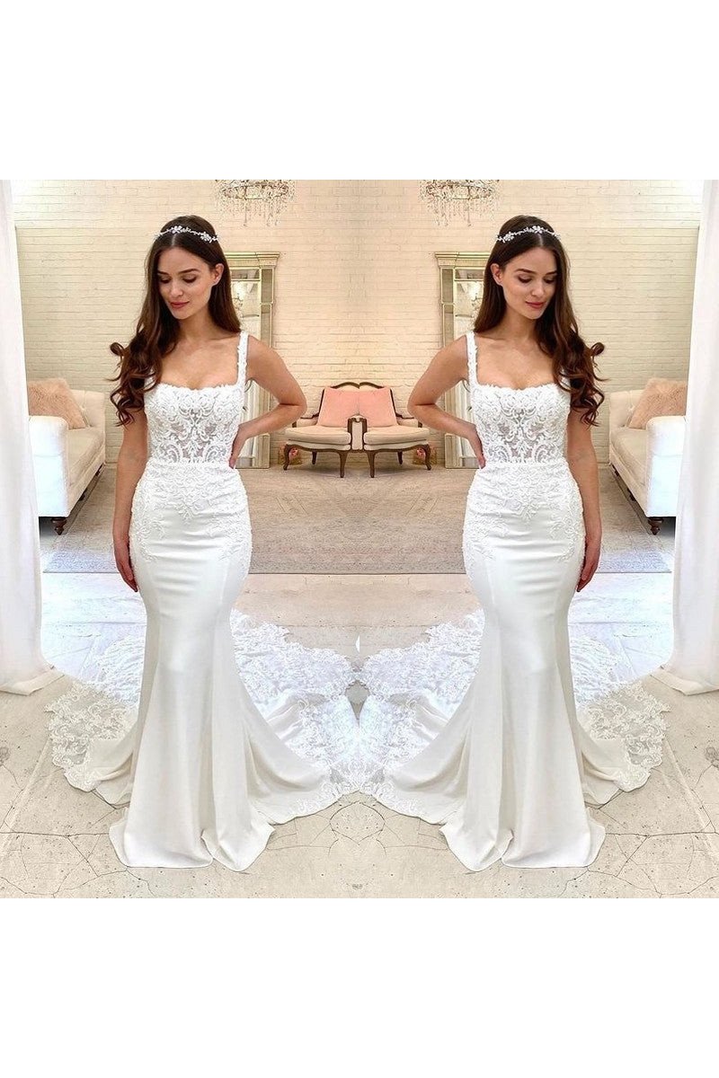 Modern Spaghetti Straps Chapel Train Sheath Wedding Dresses With Appliques