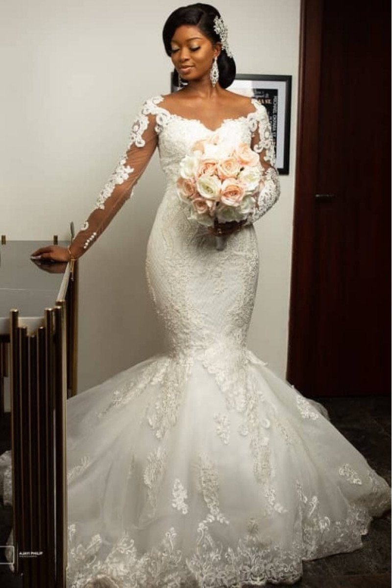 Elegant Off Shoulder Long Sleeves Appliques Mermaid Wedding Dresses