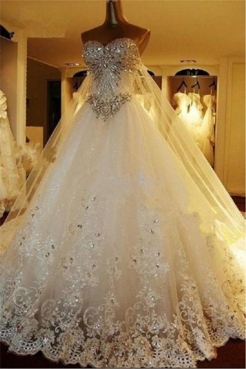 Luxury Sweetheart Appliques Royal Train A-line Wedding Dresses With Crystal