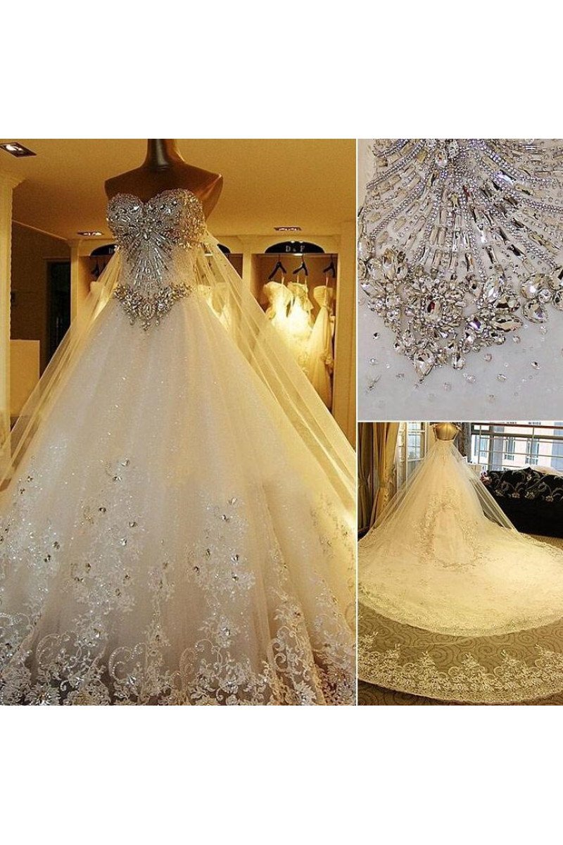 Luxury Sweetheart Appliques Royal Train A-line Wedding Dresses With Crystal