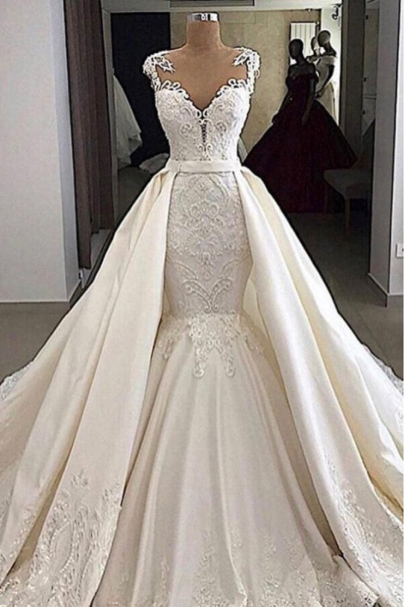 Sexy V-neck Appliques Mermaid Wedding Dresses With Panel Train