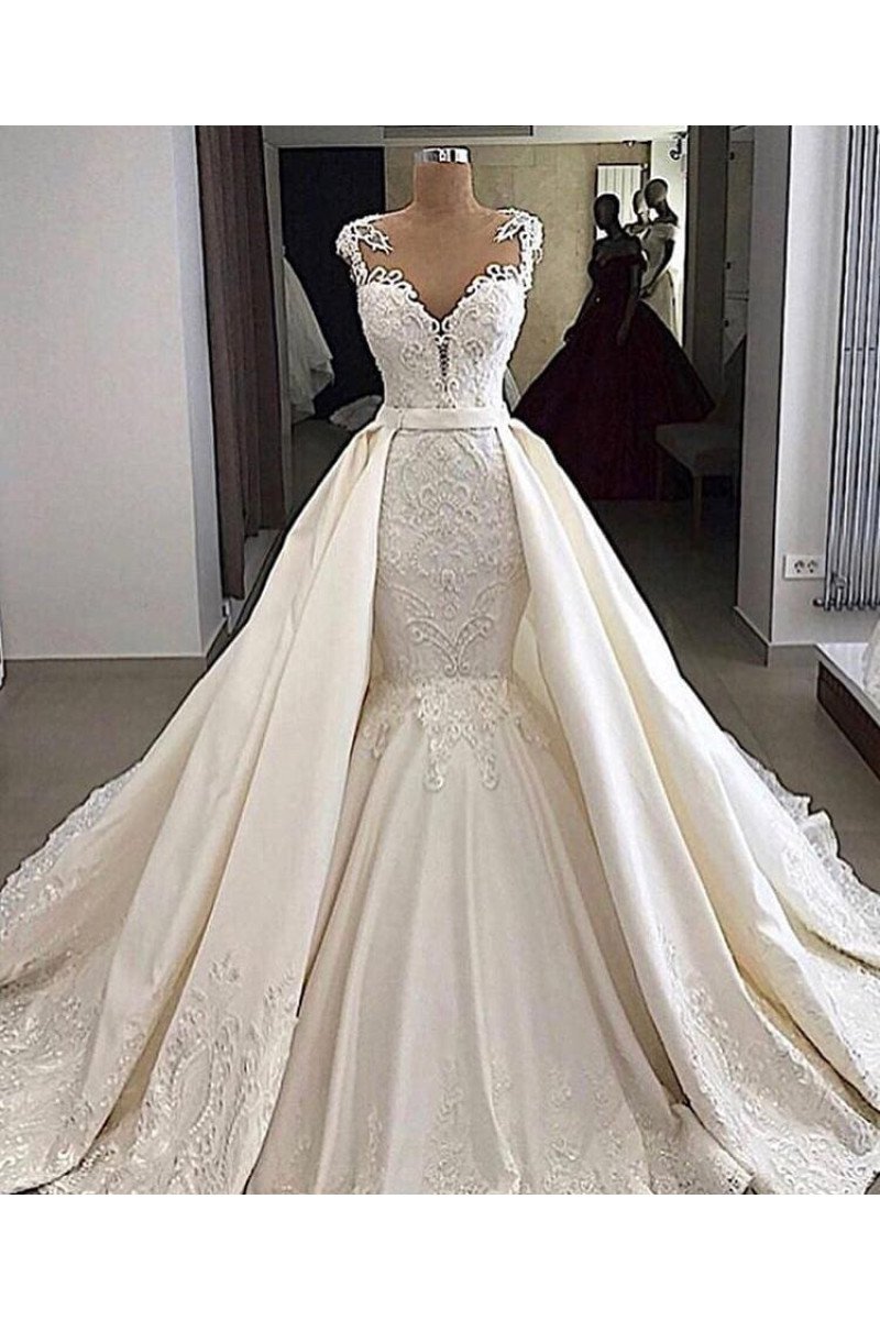 Sexy V-neck Appliques Mermaid Wedding Dresses With Panel Train