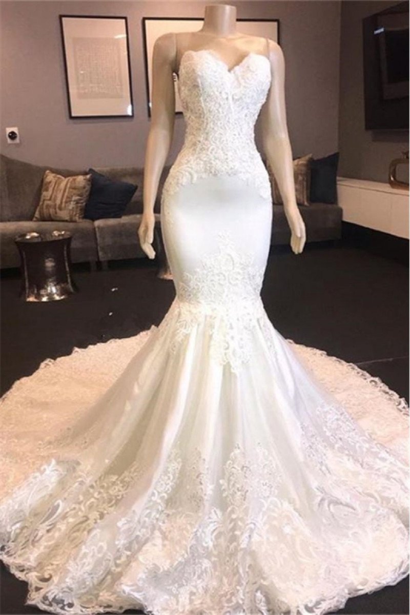 Fashion Sweetheart Appliques Mermaid Wedding Dresses With Panel Train