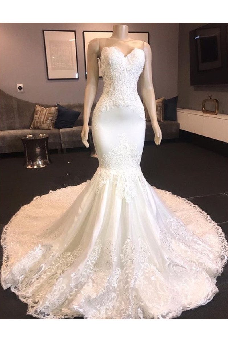 Fashion Sweetheart Appliques Mermaid Wedding Dresses With Panel Train