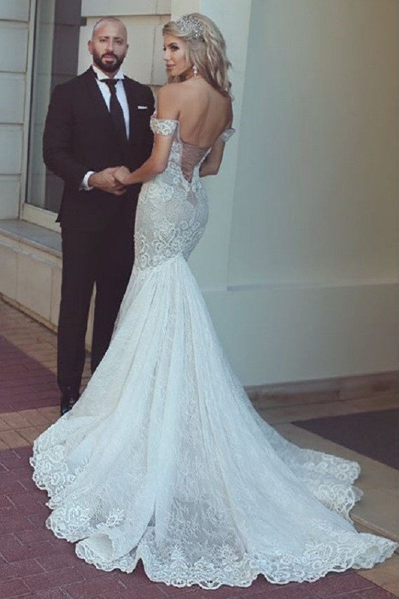 Sexy Off Shoulder Backless Lace Mermaid Wedding Dresses With Court Train