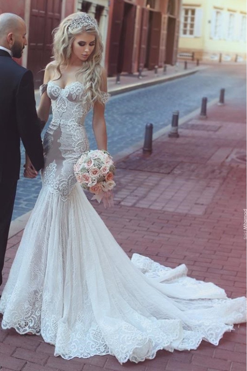 Sexy Off Shoulder Backless Lace Mermaid Wedding Dresses With Court Train