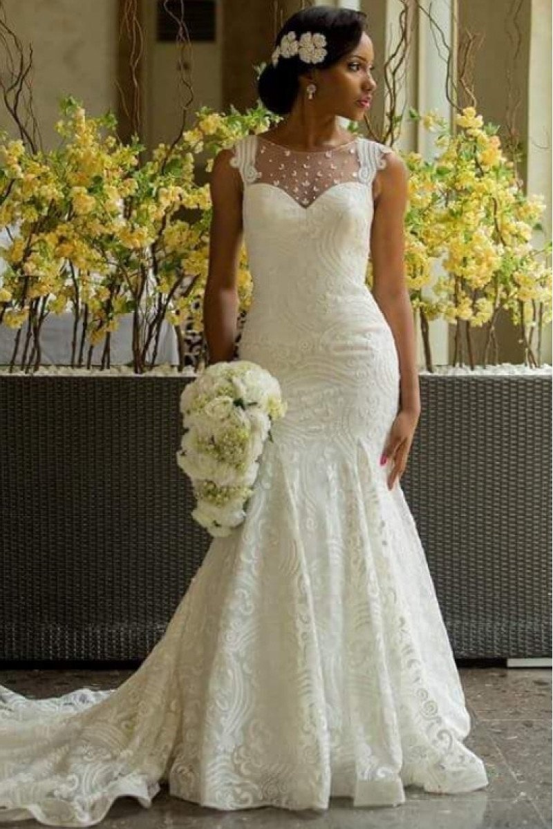 Mild Jewel Open Back Lace Mermaid Wedding Dresses With Court Train