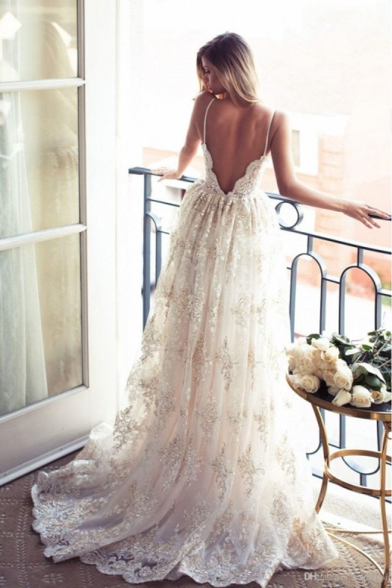 Fancy Spaghetti Straps Backless Lace Ball Gown Wedding Dresses