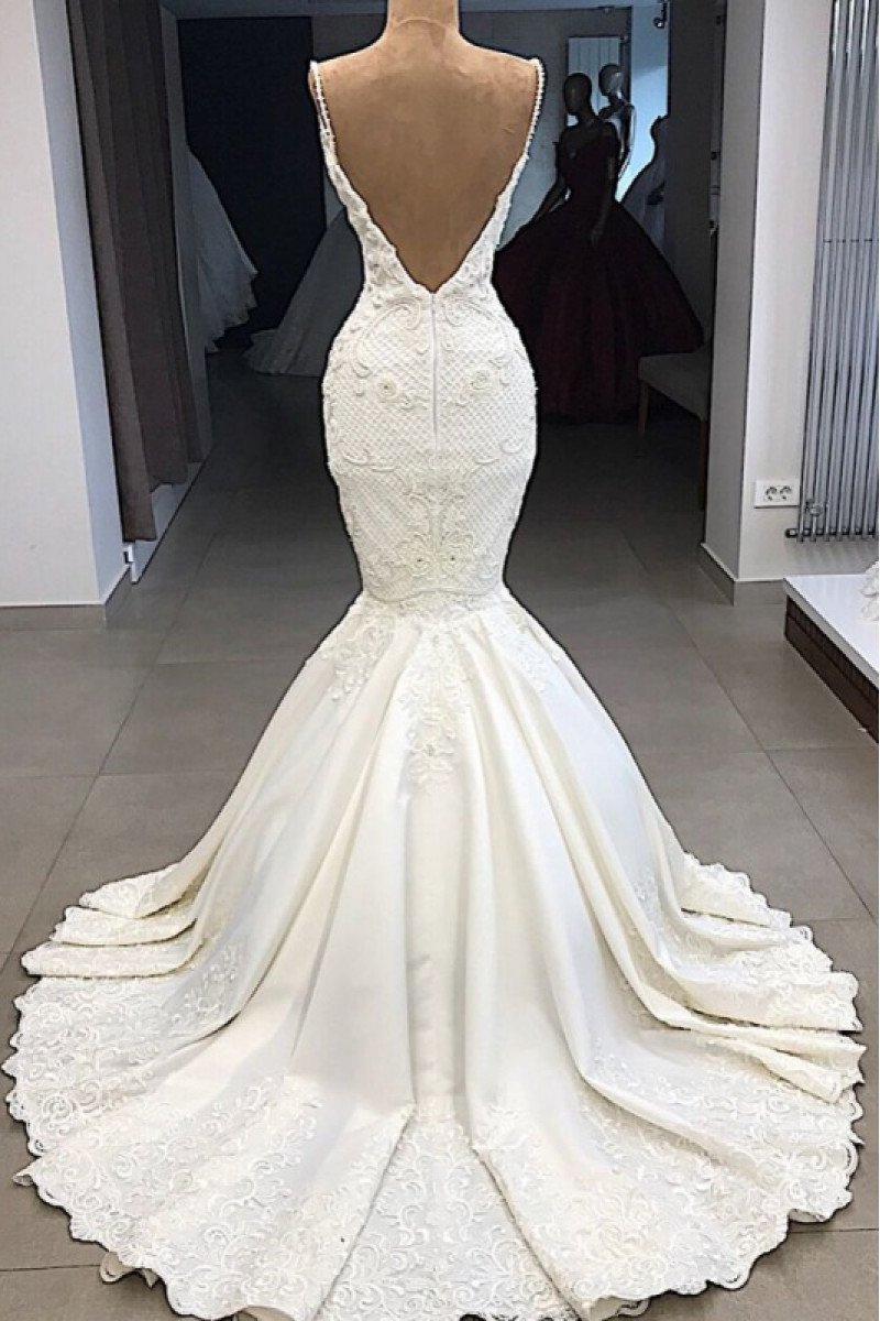 Classical Spaghetti Straps Panel Train Backless Mermaid Wedding Dresses With Appliques