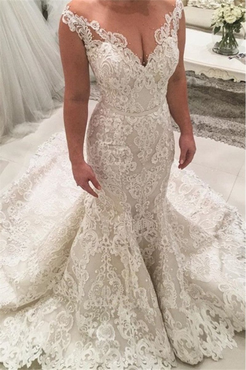 Decent Off Shoulder Open Back Lace Mermaid Wedding Dresses With Court Train