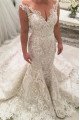 Decent Off Shoulder Open Back Lace Mermaid Wedding Dresses With Court Train