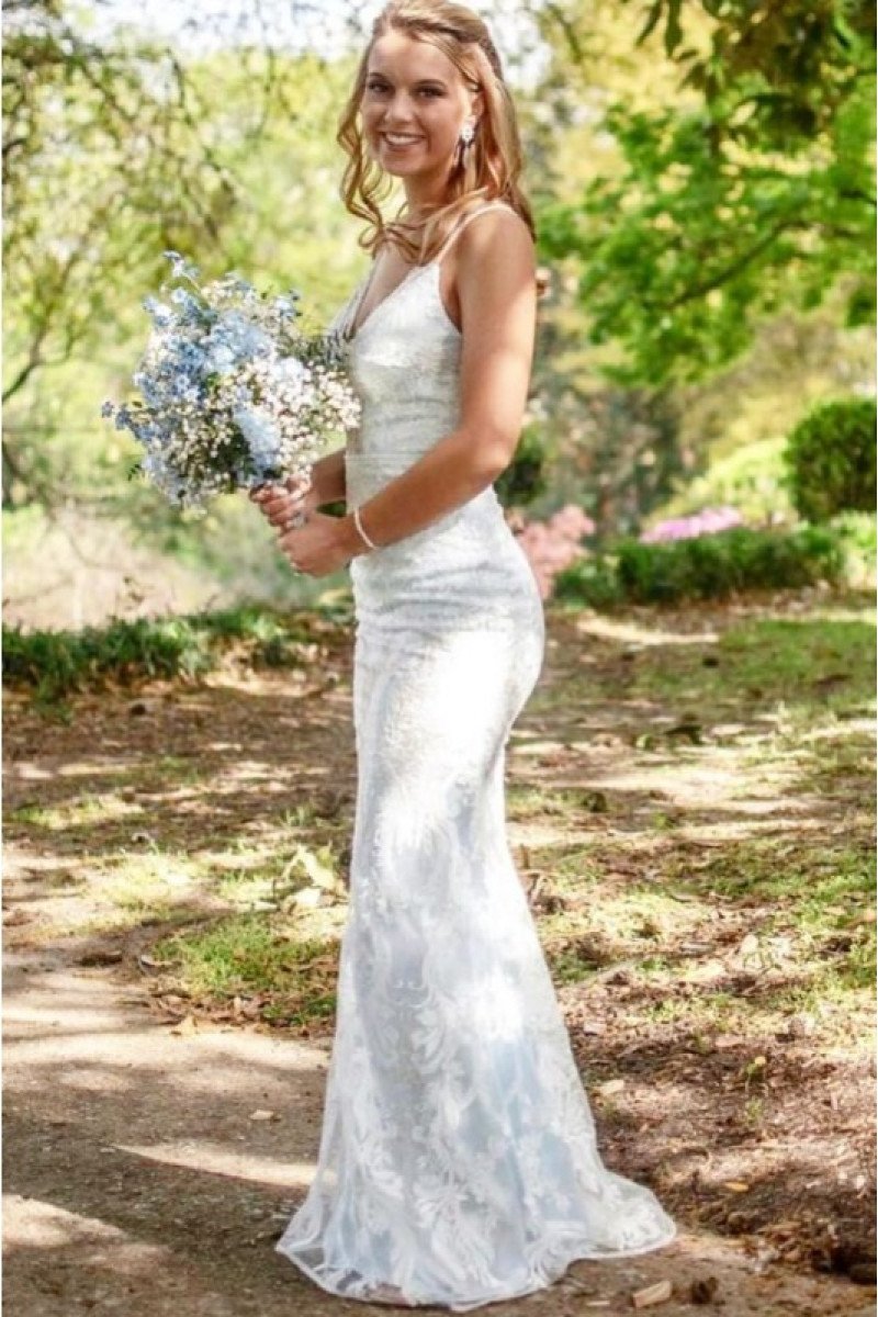 Simple Spaghetti Straps Open Back Lace Sheath Wedding Dresses