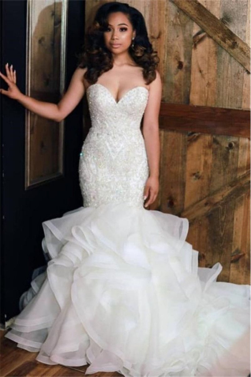 Generous Sweetheart Puffy Layers Mermaid Wedding Dresses With Crystal