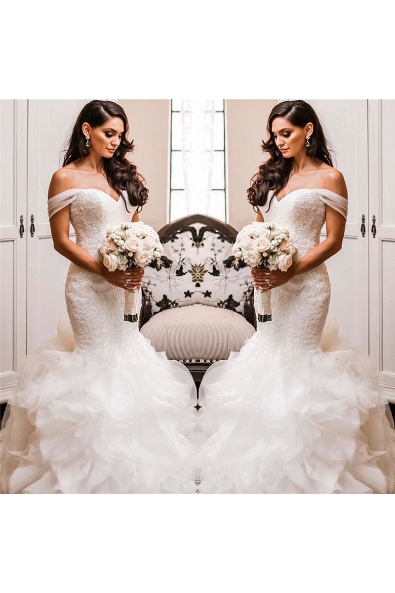 Mild Off Shoulder Appliques Mermaid Wedding Dresses With Puffy Layers