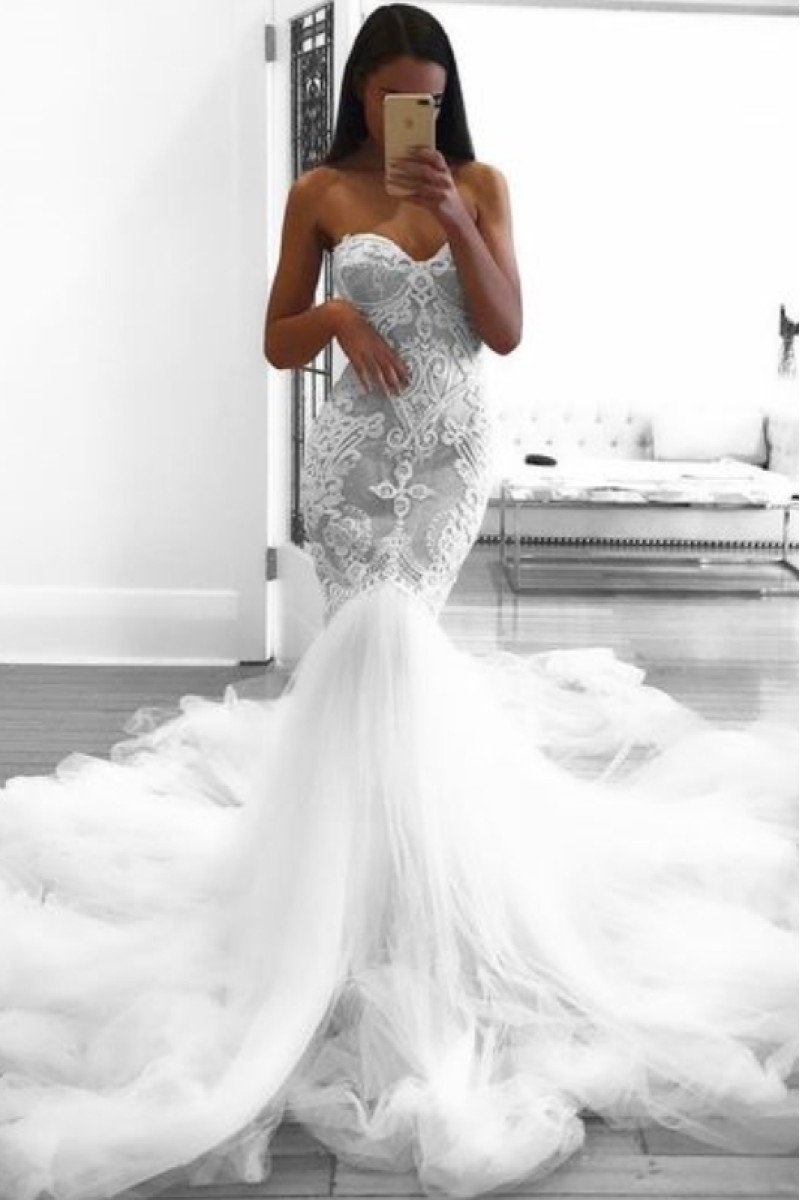 Beautiful Sweetheart Royal Train Mermaid Wedding Dresses With Appliques