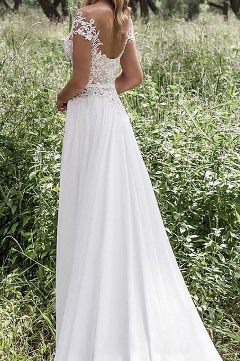 Simple V-neck Open Back Beach Sheath Wedding Dresses With Appliques