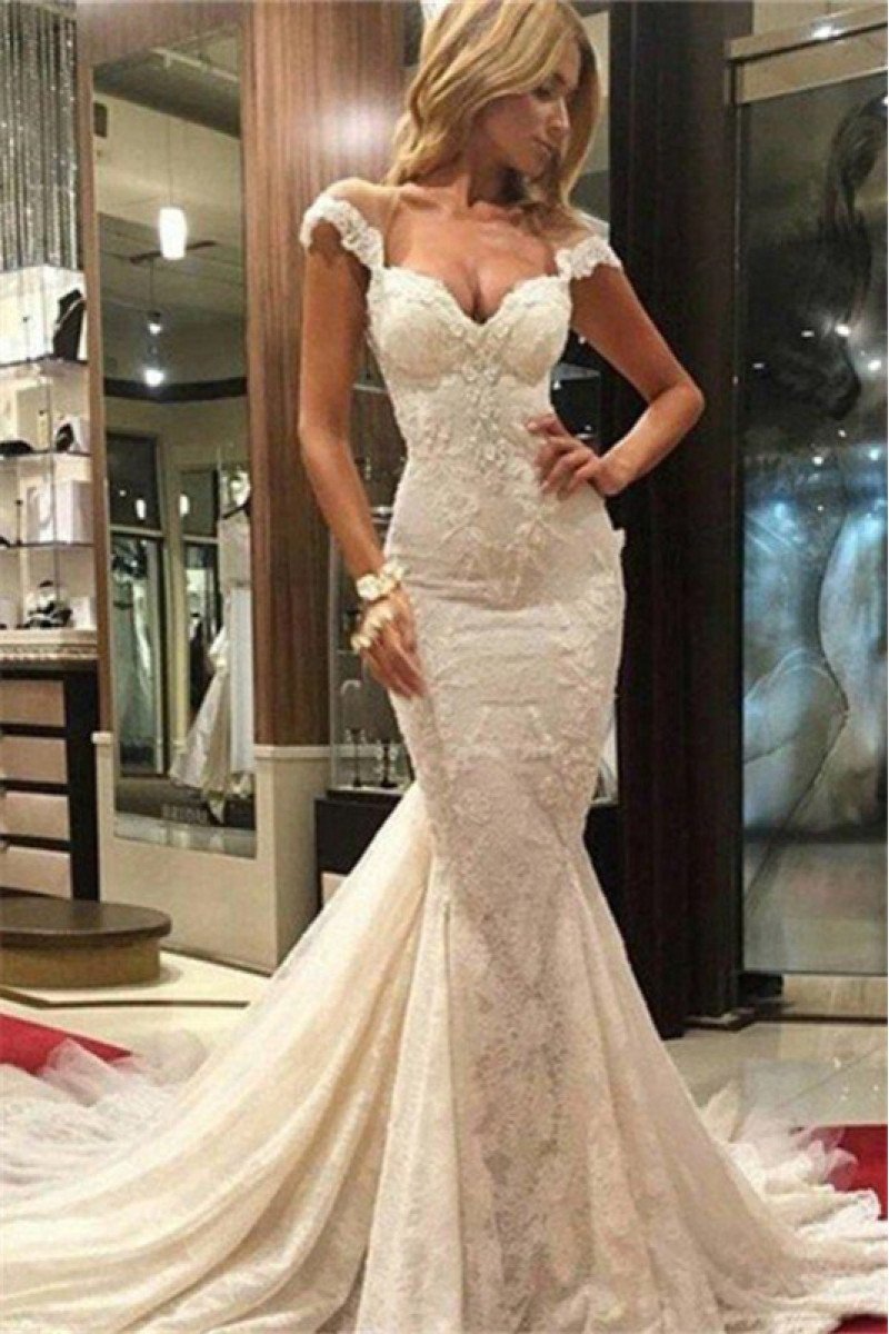 Sexy Off Shoulder Chapel Train Lace Mermaid Wedding Dresses