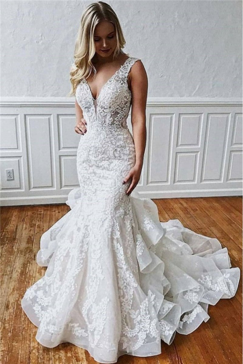 Elegant V-neck Backless Lace Mermaid Wedding Dresses With Puffy Layers