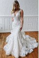 Elegant V-neck Backless Lace Mermaid Wedding Dresses With Puffy Layers