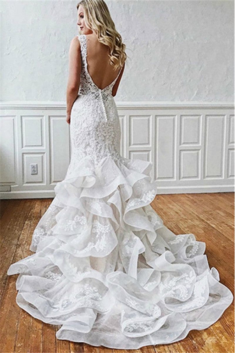 Elegant V-neck Backless Lace Mermaid Wedding Dresses With Puffy Layers