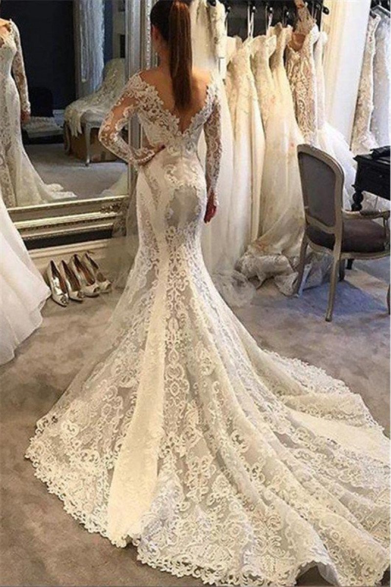 Modern V-neck Backless Chapel Train Lace Mermaid Wedding Dresses