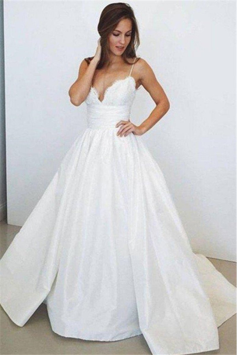 Simple Spaghetti Straps Panel Train Ball Gown Wedding Dresses With Appliques