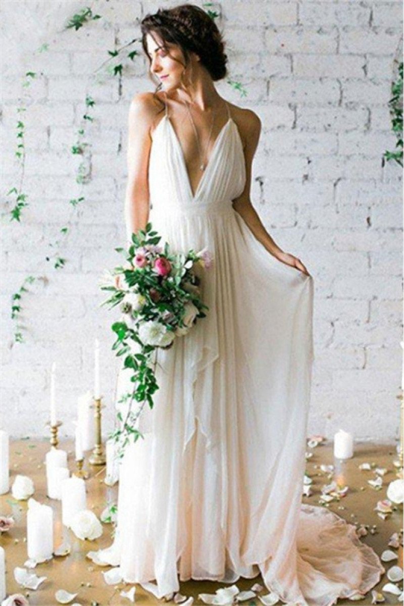 Charming Spaghetti Straps Backless Sheath Wedding Dresses With Court Train