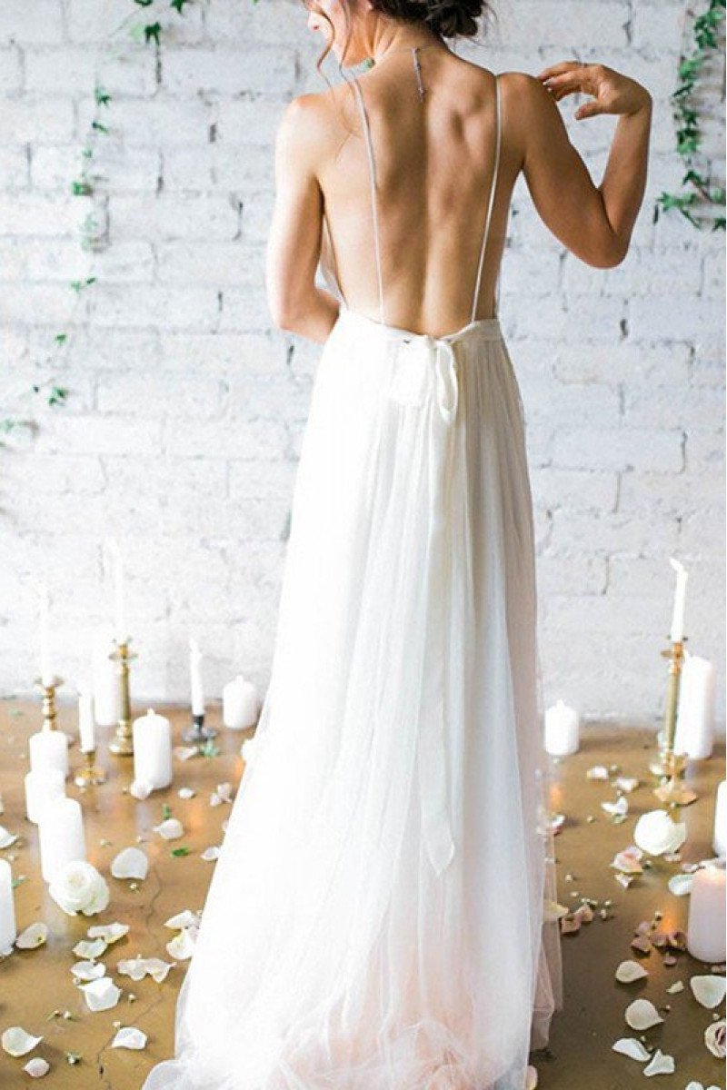 Charming Spaghetti Straps Backless Sheath Wedding Dresses With Court Train